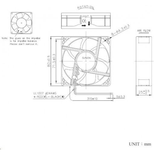 Vifte, 12V, 80 x 25mm, MagLev, 3200rpm - Bilde 2
