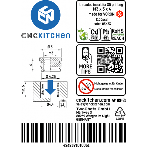 Gjengeinnsats for plast - M3 x 5 x 4mm, 100stk (Voron) - Bilde 2