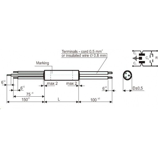X1 + Y2 kondensator, 0.3uF + 2x2.4nF, 5 ledninger - Bilde 2