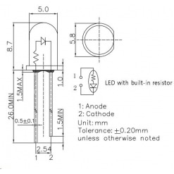 Alternative view of Led m/resistor - 5mm, blå, 150mcd, 3-15V
