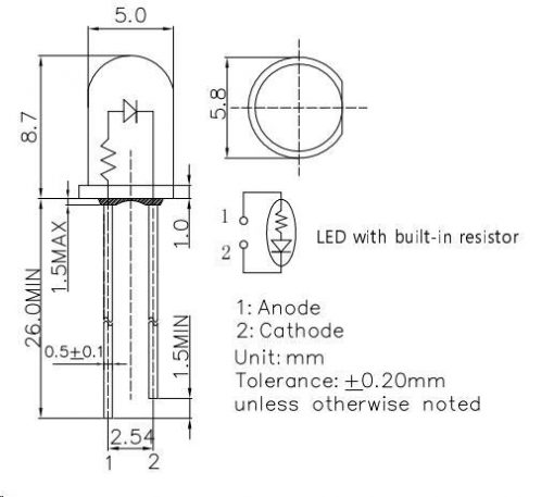 Led 12V - 5mm, rød, 100-130mcd - Bilde 2