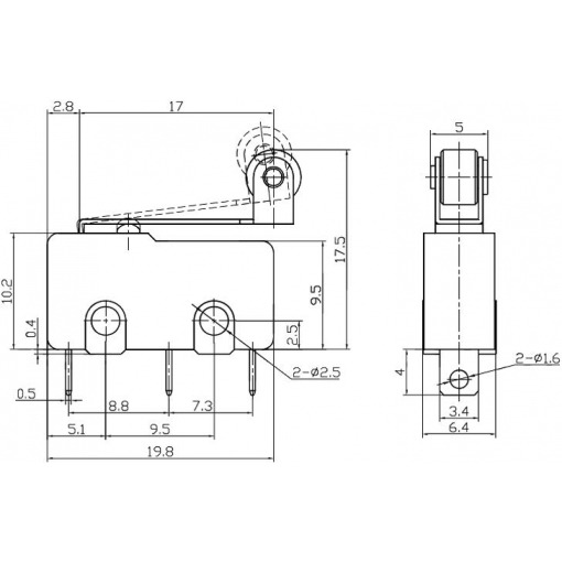 Trykkbryter mikro med arm (hjul), 5A / 250VAC - Bilde 2