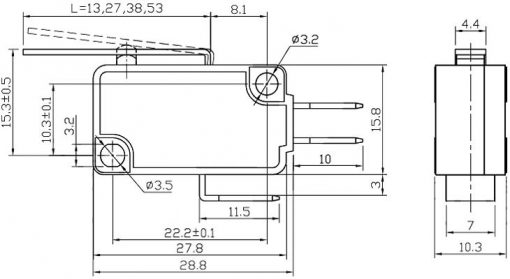 Trykkbryter mikro med arm, 10A / 250VAC - Bilde 2