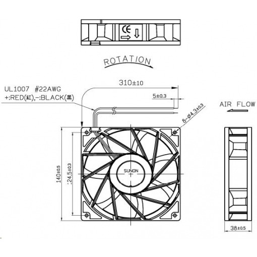 Vifte, 12V, 140 x 38mm, Kulelager, 5500rpm - Bilde 2