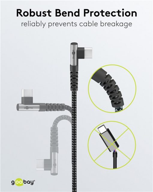 Kabel - USB C-C, 60W, 1m, vinklet, metallplugger - Bilde 3