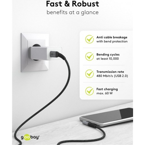 Kabel - USB C-C, 60W, 1m, vinklet, metallplugger - Bilde 7