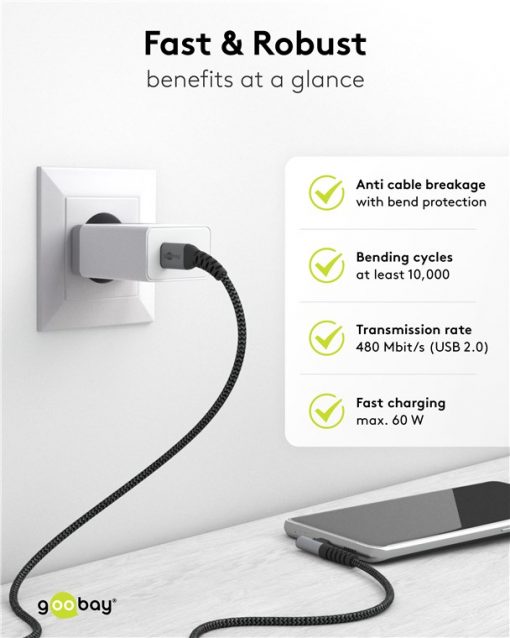 Kabel - USB C-C, 60W, 1m, vinklet, metallplugger - Bilde 7