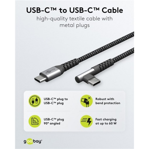 Kabel - USB C-C, 60W, 2m, vinklet, metallplugger - Bilde 2