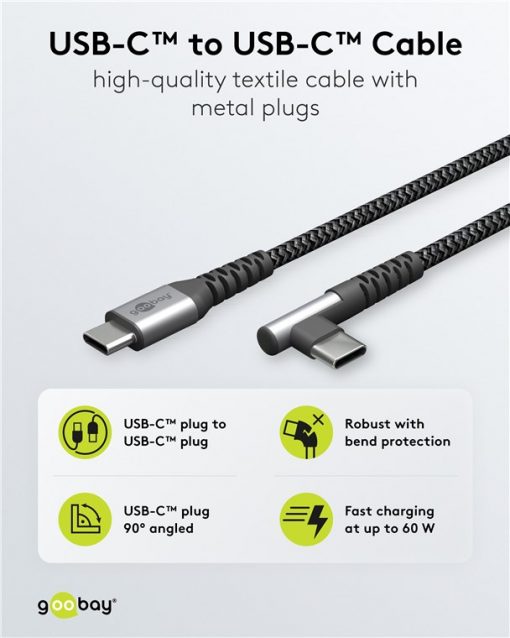 Kabel - USB C-C, 60W, 2m, vinklet, metallplugger - Bilde 2