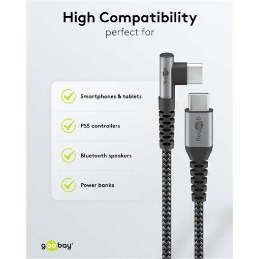 Kabel - USB C-C, 60W, 2m, vinklet, metallplugger - Bilde 6