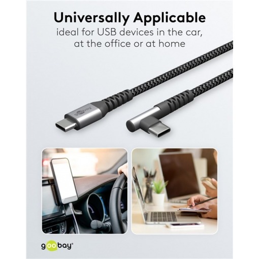 Kabel - USB C-C, 60W, 2m, vinklet, metallplugger - Bilde 8