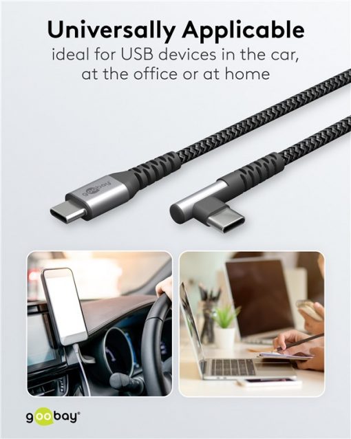 Kabel - USB C-C, 60W, 2m, vinklet, metallplugger - Bilde 8