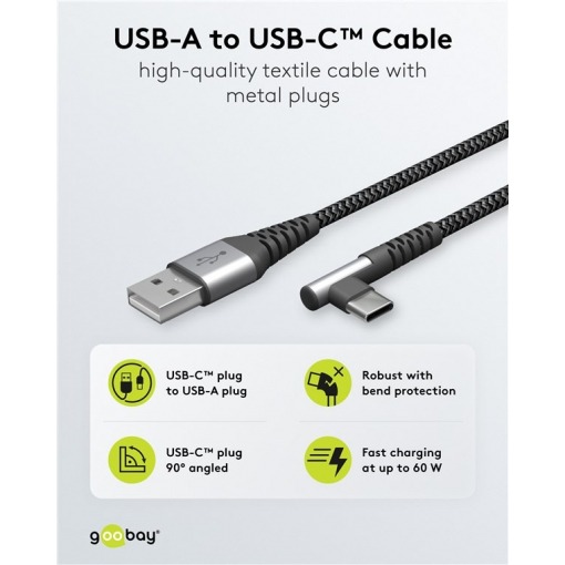 Kabel - USB A-C, 60W, 2m, vinklet, metallplugger - Bilde 2