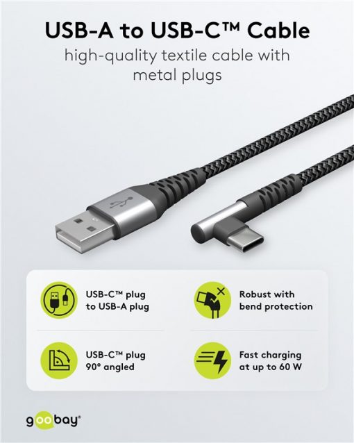 Kabel - USB A-C, 60W, 2m, vinklet, metallplugger - Bilde 2