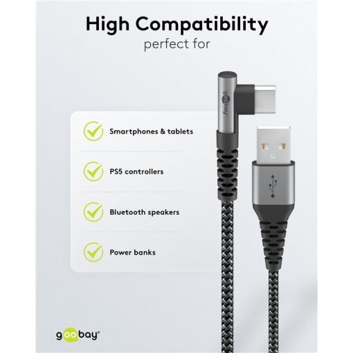 Kabel - USB A-C, 60W, 2m, vinklet, metallplugger - Bilde 6