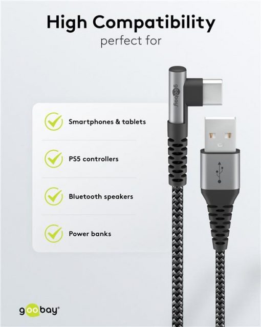 Kabel - USB A-C, 60W, 2m, vinklet, metallplugger - Bilde 6