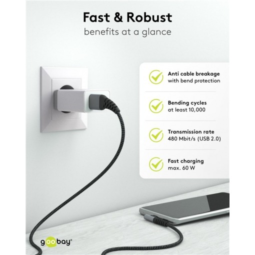 Kabel - USB A-C, 60W, 2m, vinklet, metallplugger - Bilde 7