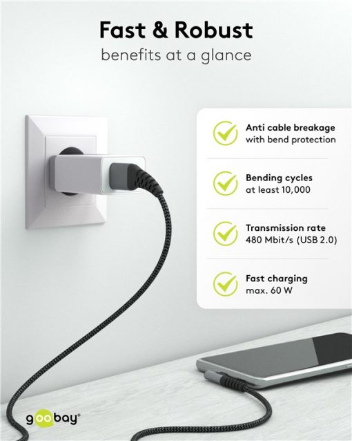 Kabel - USB A-C, 60W, 2m, vinklet, metallplugger - Bilde 7