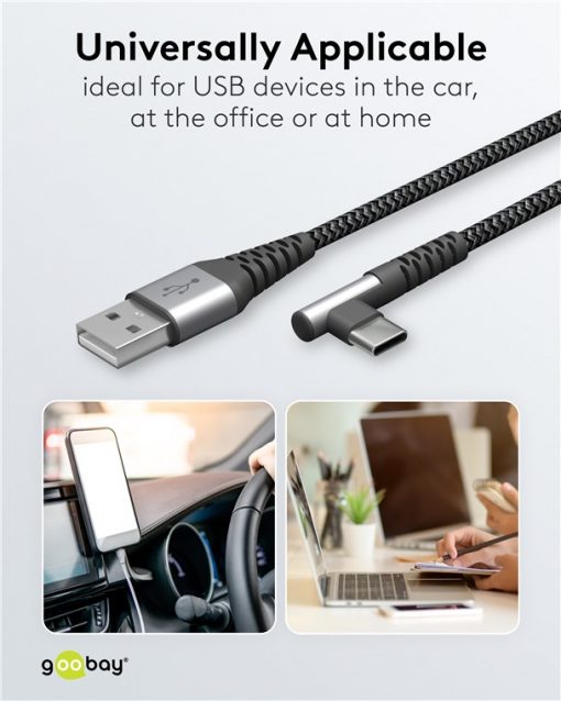 Kabel - USB A-C, 60W, 2m, vinklet, metallplugger - Bilde 8