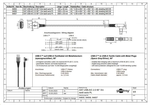 Kabel - USB A-C, 60W, 2m, vinklet, metallplugger - Bilde 12