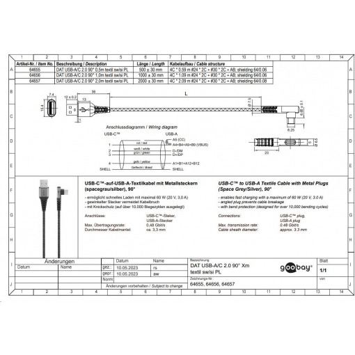 Kabel - USB A-C, 60W, 2m, vinklet, metallplugger - Bilde 12