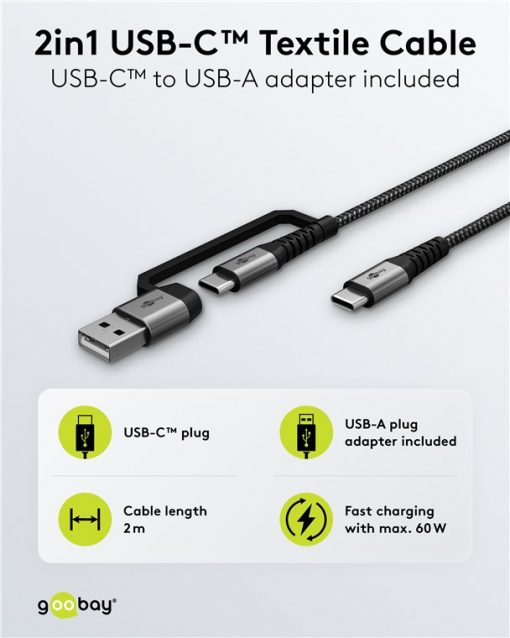 Kabel - USB A/C-C, 60W, 1m, metallplugger, m/adapter - Bilde 2