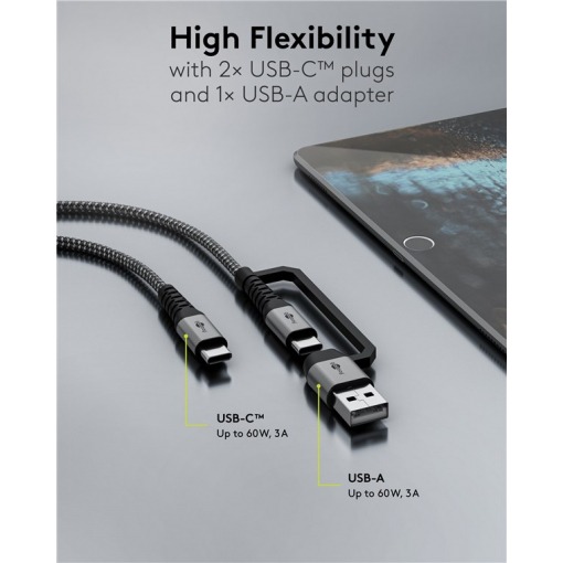 Kabel - USB A/C-C, 60W, 2m, metallplugger, m/adapter - Bilde 3