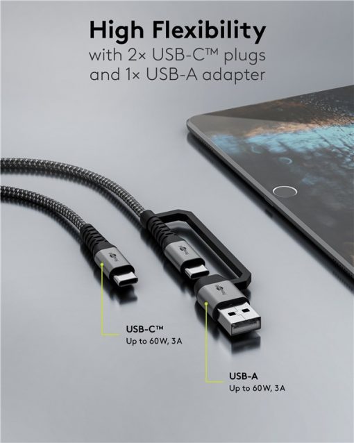 Kabel - USB A/C-C, 60W, 1m, metallplugger, m/adapter - Bilde 3