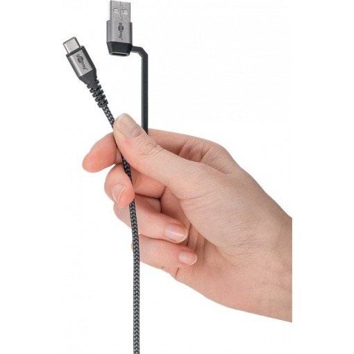 Kabel - USB A/C-C, 60W, 2m, metallplugger, m/adapter - Bilde 7