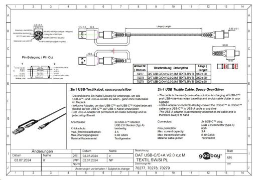 Kabel - USB A/C-C, 60W, 1m, metallplugger, m/adapter - Bilde 9