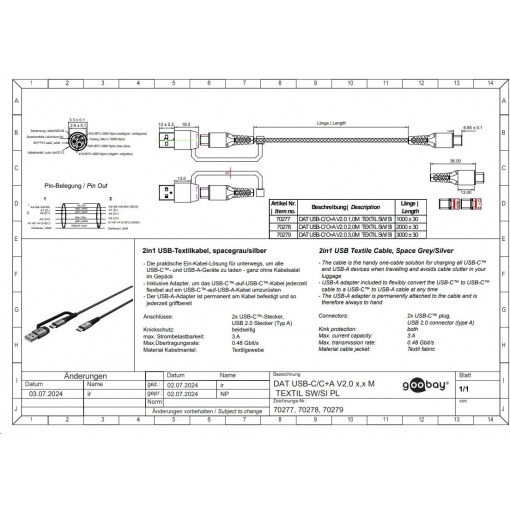 Kabel - USB A/C-C, 60W, 2m, metallplugger, m/adapter - Bilde 9