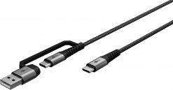 Kabel - USB A/C-C, 60W, 3m, metallplugger, m/adapter