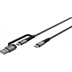 Kabel - USB A/C-C, 60W, 3m, metallplugger, m/adapter