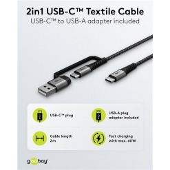 Alternative view of Kabel - USB A/C-C, 60W, 3m, metallplugger, m/adapter