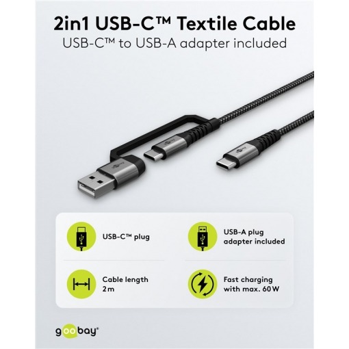 Kabel - USB A/C-C, 60W, 3m, metallplugger, m/adapter - Bilde 2