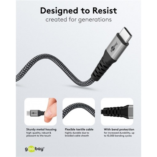Kabel - USB A/C-C, 60W, 3m, metallplugger, m/adapter - Bilde 5