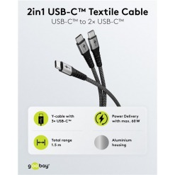 Alternative view of Kabel - USB C-2xC, 60W, 1.5m, metallplugger, 2-i-1