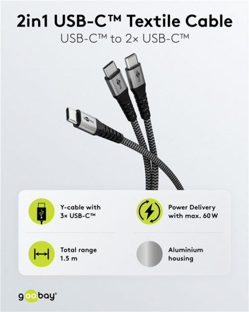 Kabel - USB C-2xC, 60W, 1.5m, metallplugger, 2-i-1 - Bilde 2