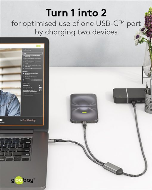 Kabel - USB C-2xC, 60W, 1.5m, metallplugger, 2-i-1 - Bilde 4