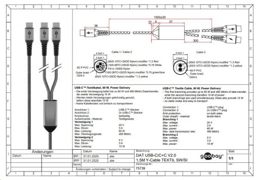 Kabel - USB C-2xC, 60W, 1.5m, metallplugger, 2-i-1 - Bilde 13