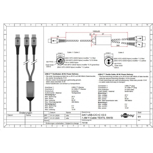 Kabel - USB C-2xC, 60W, 1.5m, metallplugger, 2-i-1 - Bilde 13