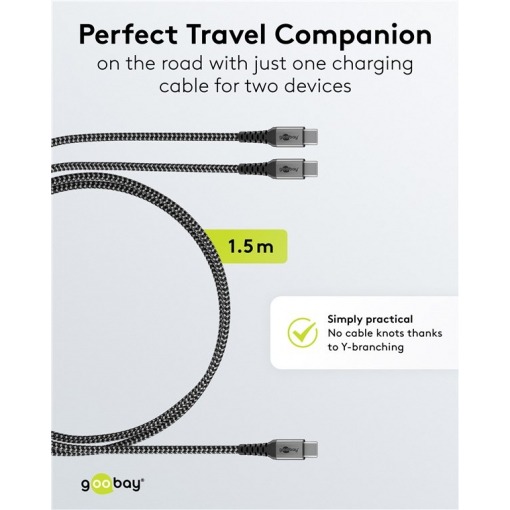 Kabel - USB C-2xC, 60W, 1.5m, metallplugger, 2-i-1 - Bilde 5