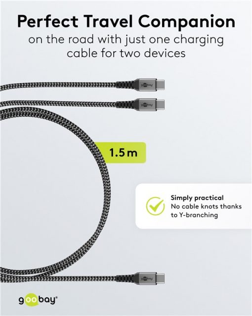 Kabel - USB C-2xC, 60W, 1.5m, metallplugger, 2-i-1 - Bilde 5