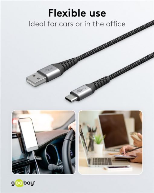 Kabel - USB A-C, 60W, 1m, metallplugger - Bilde 3