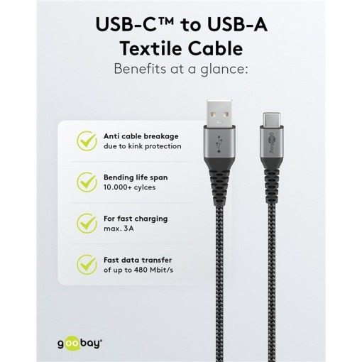 Kabel - USB A-C, 60W, 1m, metallplugger - Bilde 4
