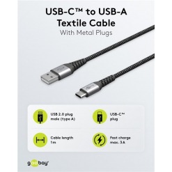 Alternative view of Kabel - USB A-C, 60W, 2m, metallplugger