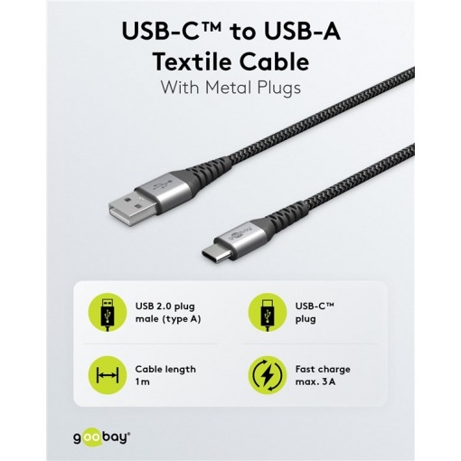 Kabel - USB A-C, 60W, 2m, metallplugger - Bilde 2