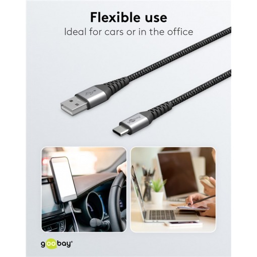 Kabel - USB A-C, 60W, 2m, metallplugger - Bilde 3