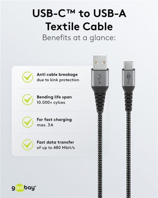 Kabel - USB A-C, 60W, 2m, metallplugger - Bilde 4