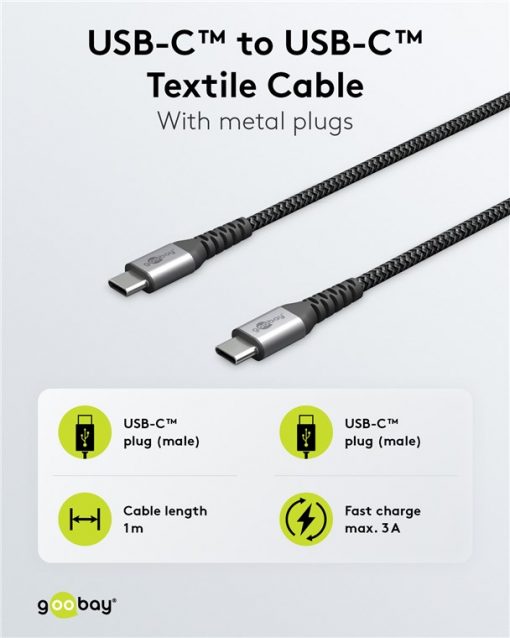 Kabel - USB C-C, 60W, 1m, metallplugger - Bilde 2